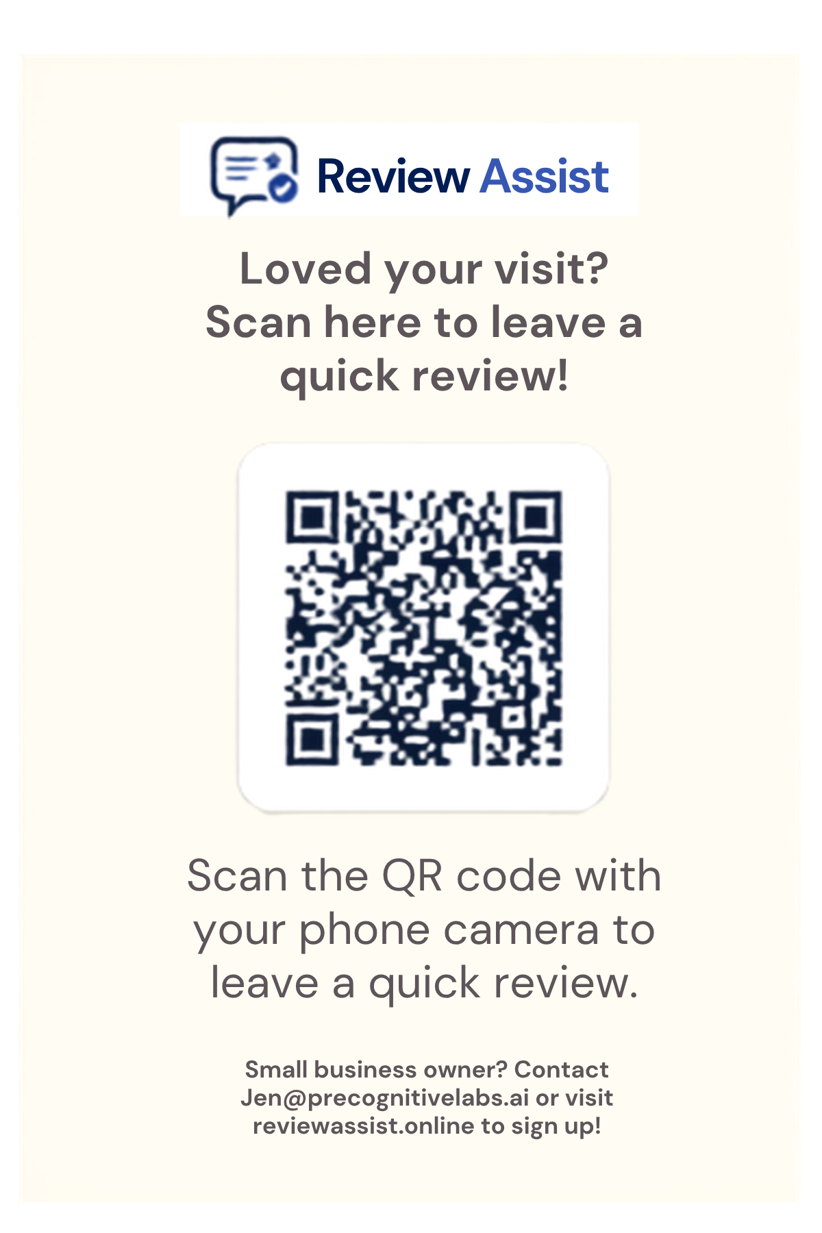 Sample Review Assist laminated QR card reading “Loved your visit? Scan here to leave a quick review!”